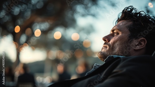 A person reclining on a chair outdoors in the evening, with a bokeh effect of lighted background scenery, evoking relaxation and calmness in a serene environment. photo