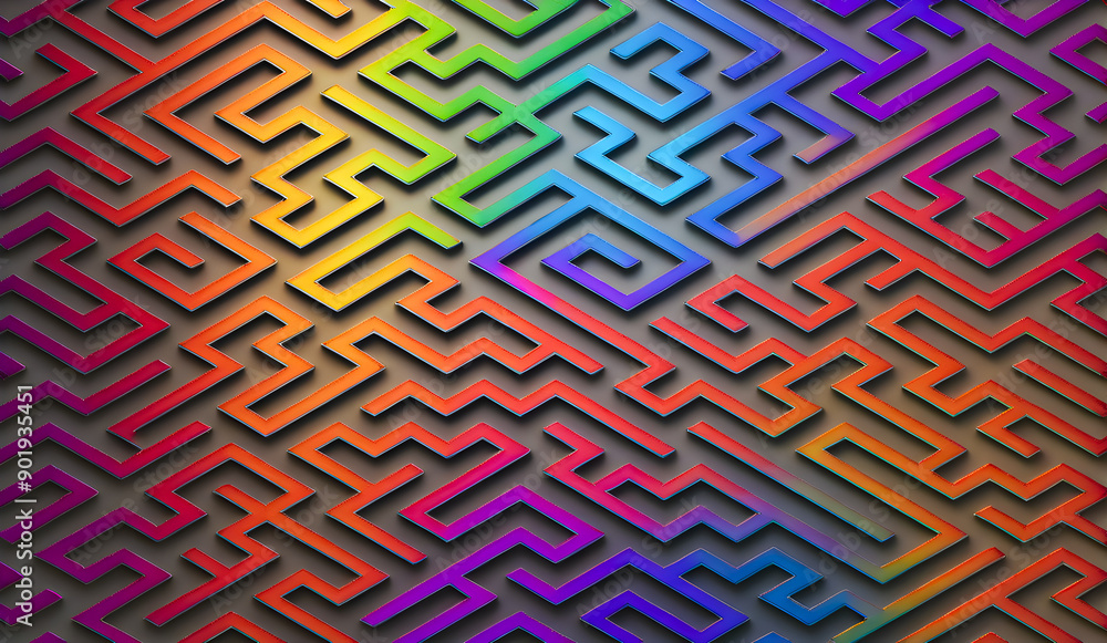 3D Metallic Maze Pattern on a Multicolor Glossy Background, Suitable for Innovative and Vibrant Technology Designs 3D Metallic Maze Pattern on a Multicolor Glossy Background, Suitable for Innovative and Vibrant Technology Designs