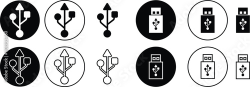 USB icon set. Flash disk flash drive flat and line black vector collection isolated on transparent background. Internet video. Console media storage, Computer Technology, charger, data transfer sign.