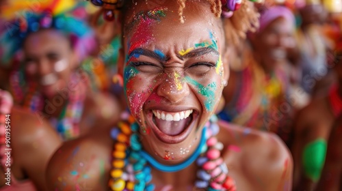 A woman joyfully covered in tribal paint and colorful beads celebrates at a vibrant cultural event, showcasing the spirit of festivity, unity, and cultural pride in a lively atmosphere. photo