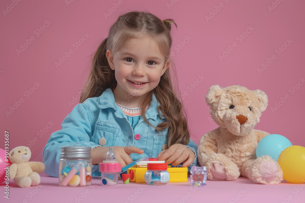 Cute little girl plays with doctor toy set and takes care of her stuffed animals on pink background. Cute little girl plays with doctor toy set and takes care of her stuffed animals on pink background.