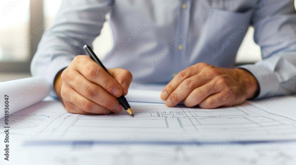 Close-up of architect's hands drawing on blueprint, showing precise engineering and design work in progress. Close-up of architect's hands drawing on blueprint, showing precise engineering and design work in progress.