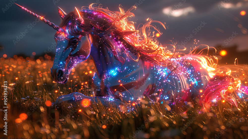 A unicorn with a rainbow mane and tail is laying in a field of grass A unicorn with a rainbow mane and tail is laying in a field of grass