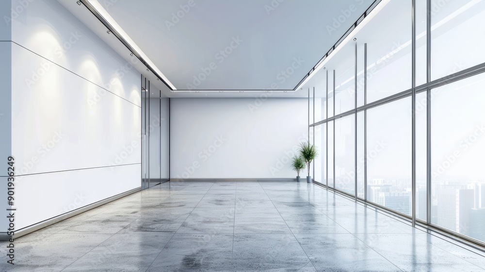 Modern office hall interior with a large window and empty space over the white wall Modern office hall interior with a large window and empty space over the white wall
