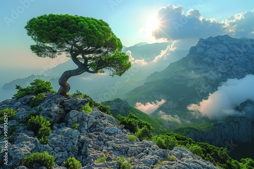 Fototapeta Naklejka Na Ścianę i Meble -  A tree is growing on a rocky mountain top