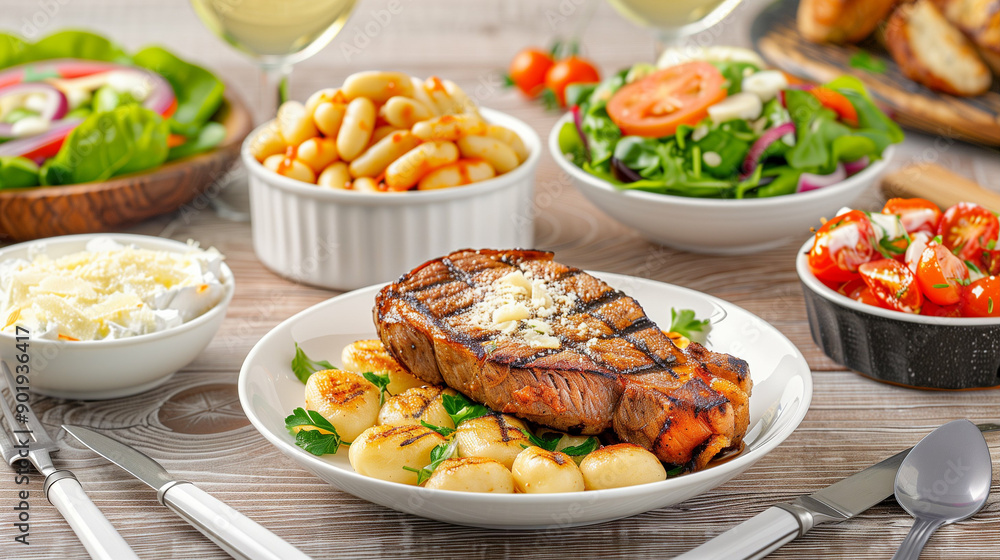 Grilled steak dinner with sides of salad and pasta. Delicious food presentation with fresh ingredients on a wooden table. Enjoy a mouthwatering dining experience Grilled steak dinner with sides of salad and pasta. Delicious food presentation with fresh ingredients on a wooden table. Enjoy a mouthwatering dining experience
