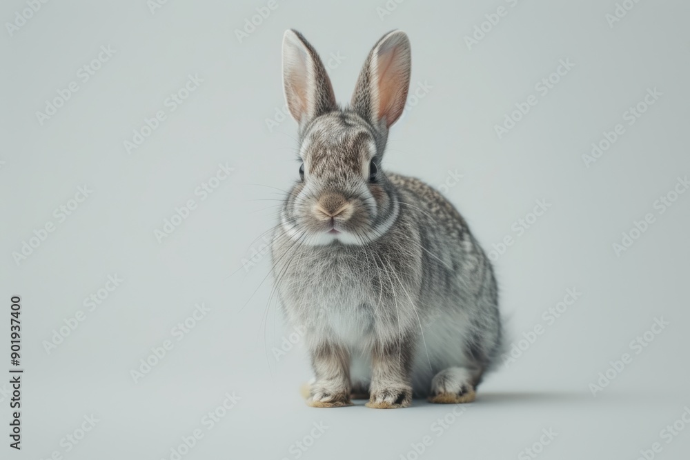 Grey baby rabbit posing on a seamless grey background Grey baby rabbit posing on a seamless grey background