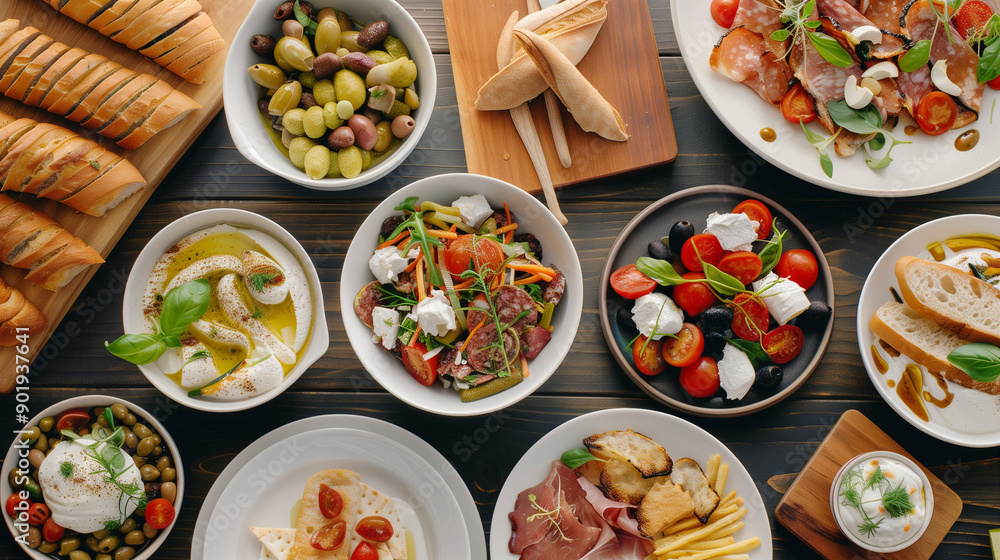 Food Spread Featuring Assorted Dishes with Fresh Ingredients. A Variety of Spreads Meats and Salads Served on Plates. Gourmet Dining Experience Food Spread Featuring Assorted Dishes with Fresh Ingredients. A Variety of Spreads Meats and Salads Served on Plates. Gourmet Dining Experience
