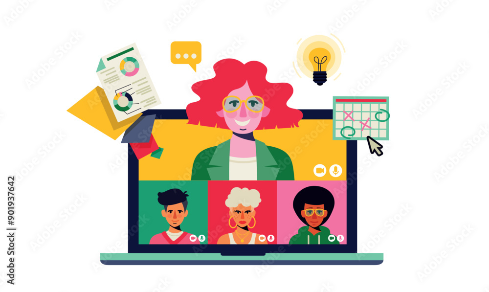 team colleagues video call, meeting zoom. People connecting together, Stream, web chatting. Vector illustration on a white background. team colleagues video call, meeting zoom. People connecting together, Stream, web chatting. Vector illustration on a white background.
