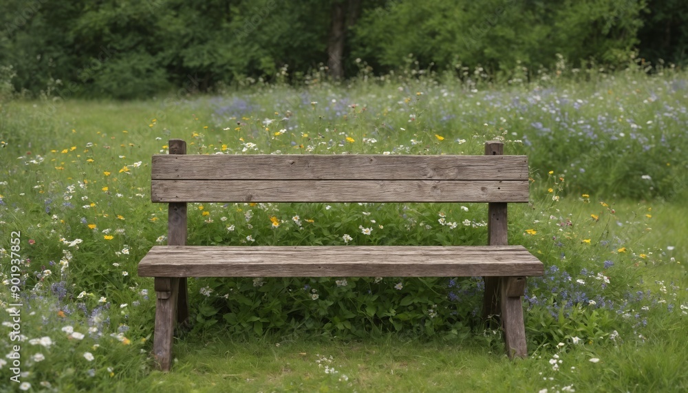 A rustic wooden bench surrounded by wildflowers in a sunlit meadow at noon A rustic wooden bench surrounded by wildflowers in a sunlit meadow at noon