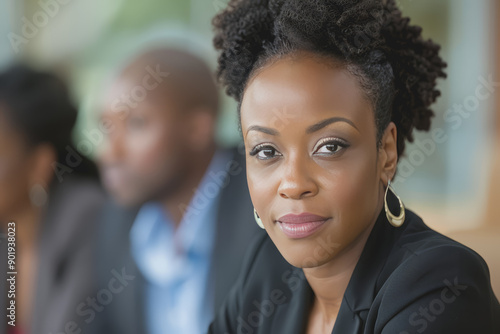 Average female financial advisor in a boardroom meeting with clients.