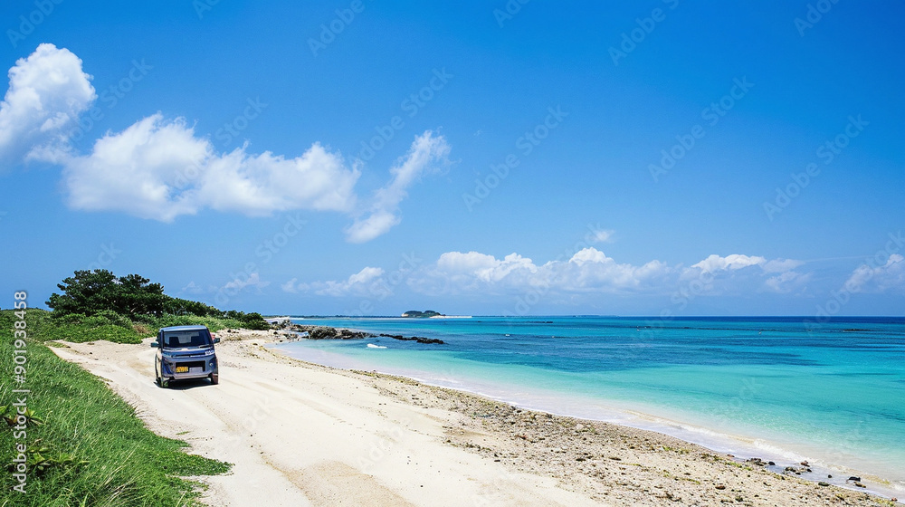 Obraz premium car driving along a beach drone view