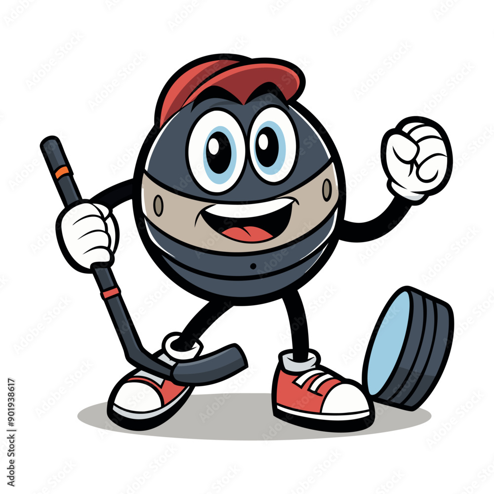 Obraz premium Vector Hockey puck comic character with arms, legs, skates and a ice hockey stick Clipart illustration On a White Background