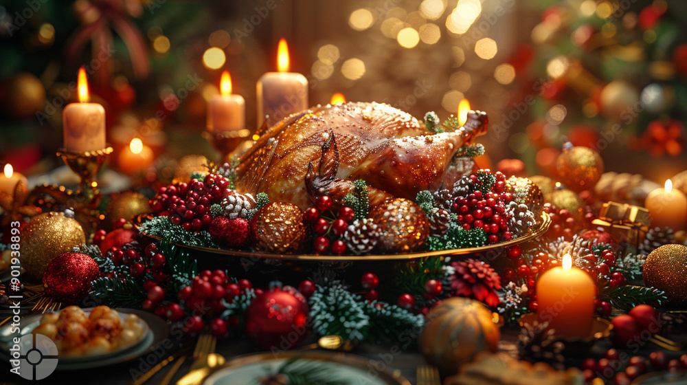 A table is set with a large turkey surrounded by many red and green decorations A table is set with a large turkey surrounded by many red and green decorations