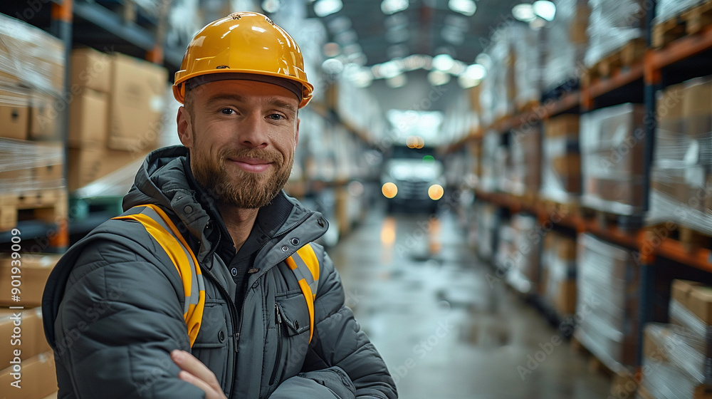 A man wearing a yellow hard hat and a grey jacket is smiling in a warehouse A man wearing a yellow hard hat and a grey jacket is smiling in a warehouse