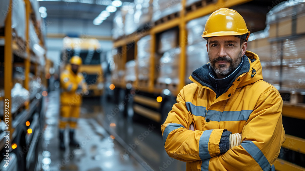 A man in a yellow jacket stands in front of a truck A man in a yellow jacket stands in front of a truck