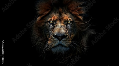 lion face on a black background, 16:9, copy and text space