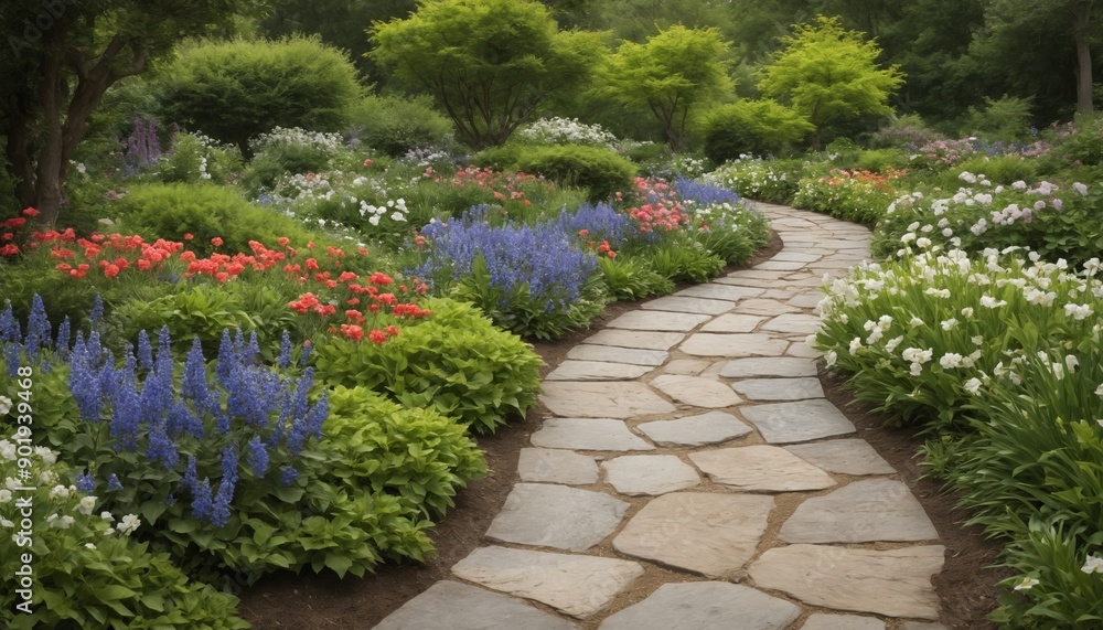 Tranquil pathway curving through vibrant flower gardens in early spring Tranquil pathway curving through vibrant flower gardens in early spring