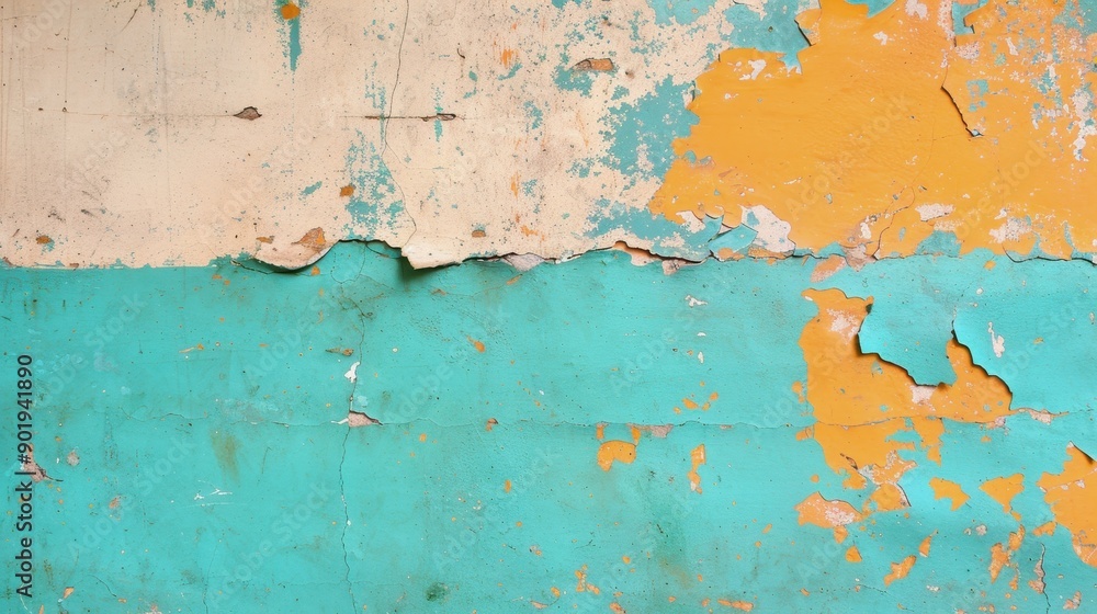 Close-up of a weathered wall with peeling paint in shades of blue and orange, highlighting texture and abstract patterns. Close-up of a weathered wall with peeling paint in shades of blue and orange, highlighting texture and abstract patterns.