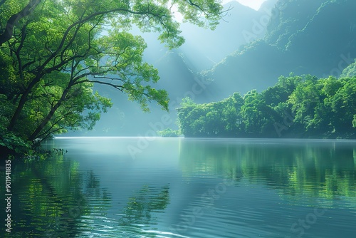 A beautiful lake surrounded by trees with a bright sun shining on the water