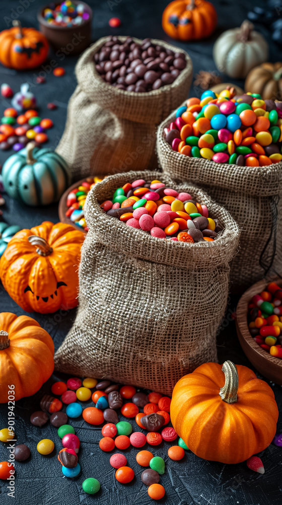 A bag of candy is on a table with a pumpkin and a bowl of candy A bag of candy is on a table with a pumpkin and a bowl of candy