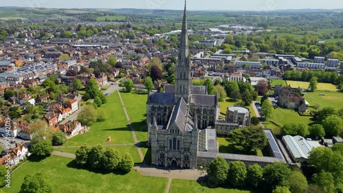 Rotating around Aerial Drone shot of Salisbury Cathedral Daytime Wiltshire UK photo