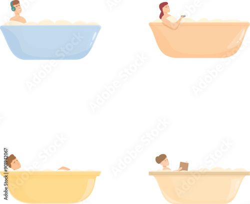 Collection of cartoon characters enjoying a soak in bathtubs, showcasing different relaxation poses