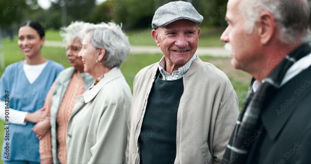Assisted living, conversation or friends with nurse and old people outdoor together for activity. Healthcare, smile and senior group talking in garden with happy caregiver for medical wellness Assisted living, conversation or friends with nurse and old people outdoor together for activity. Healthcare, smile and senior group talking in garden with happy caregiver for medical wellness