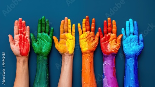 Colorful hands painted with vibrant hues, symbolizing creativity and diversity against a blue background.