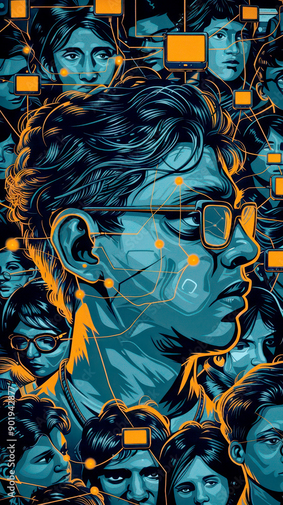 Digital artwork of a man with glasses in a futuristic style, surrounded by multiple faces and geometric patterns. Digital artwork of a man with glasses in a futuristic style, surrounded by multiple faces and geometric patterns.