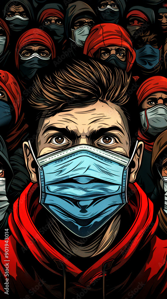 Illustration of a crowd wearing face masks, symbolizing pandemic awareness and unity during difficult times. Illustration of a crowd wearing face masks, symbolizing pandemic awareness and unity during difficult times.