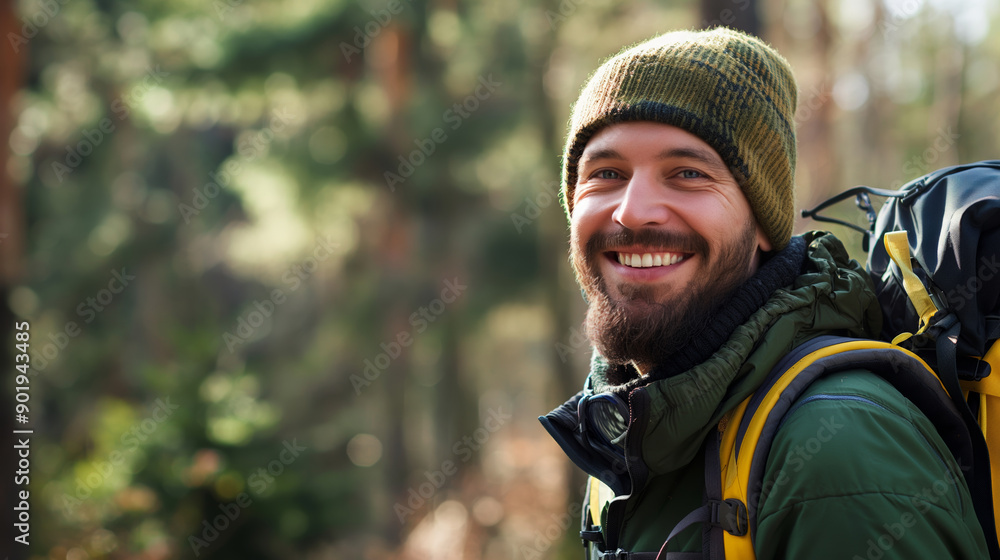 Young hiker is enjoying the tranquility of the forest, taking a break from his journey to appreciate the beauty of nature Young hiker is enjoying the tranquility of the forest, taking a break from his journey to appreciate the beauty of nature