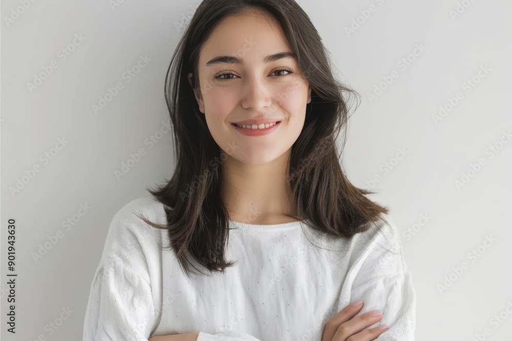 Beautiful young woman smiling with crossed arms on white background Beautiful young woman smiling with crossed arms on white background