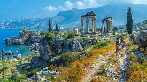 Group of Middle Eastern travelers on bikes exploring the ancient city of Tyre Lebanon photo