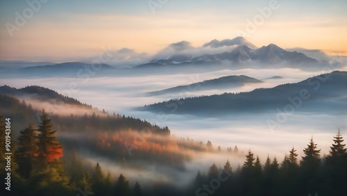 Wallpaper Mural Foggy mountain landscape, autumn morning mist in forest beautiful nature photo Torontodigital.ca