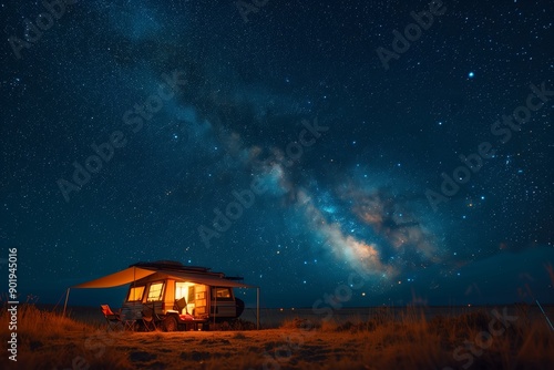 Starry Night Over a Cozy Camper in the Tranquil Desert Landscape