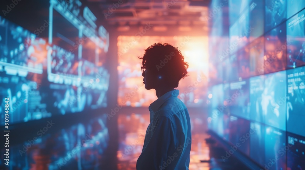 Silhouetted person in data center surrounded by digital blue screens and orange lights Silhouetted person in data center surrounded by digital blue screens and orange lights