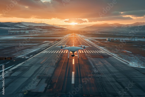 Airplane landing on runway at sunset with scenic mountain backdrop