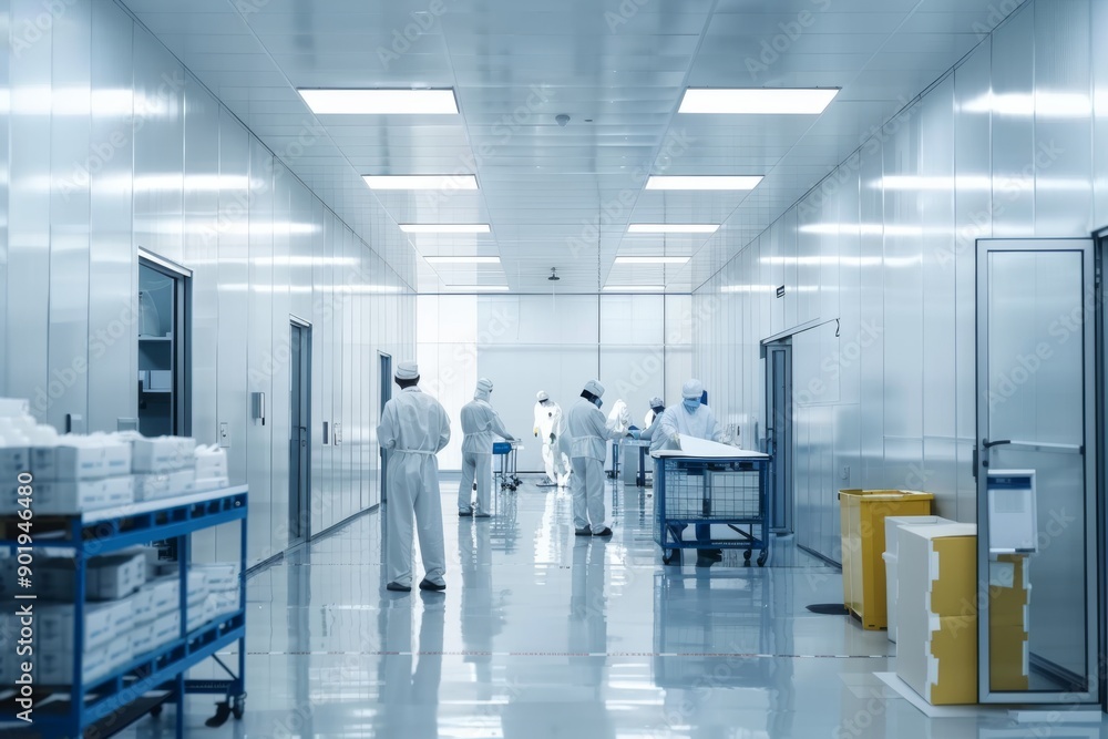 Quality control specialists in cleanroom attire working at a modern industrial facility Quality control specialists in cleanroom attire working at a modern industrial facility