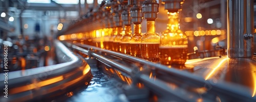 High-resolution image of a modern industrial production line with glowing glass containers