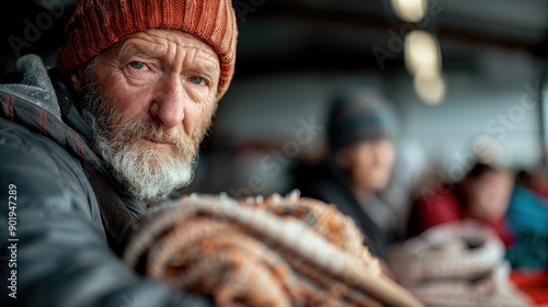 This image highlights a person clad in knitted wear amidst a gathering, capturing the warmth, social connection, and cozy ambiance often associated with communal winter settings.