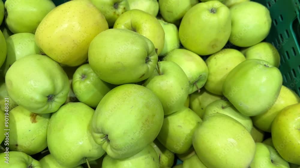A crate filled with fresh green apples in a grocery store. A crate filled with fresh green apples in a grocery store.