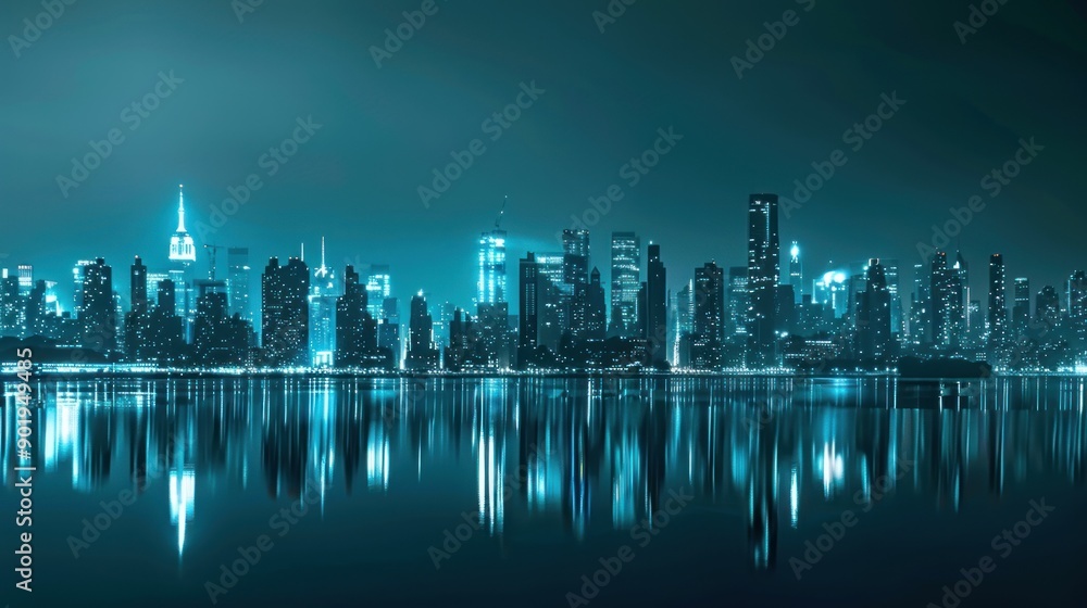 Nighttime Skyline of a Modern City with Reflections Nighttime Skyline of a Modern City with Reflections