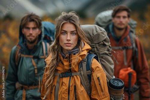 Adventurous Hikers Pausing for a Group Portrait During Autumn Trekking Expedition in Scenic Mountain Landscape © fotofabrika