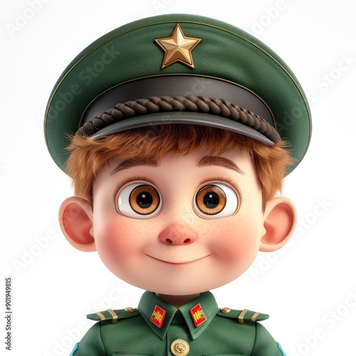 3D Little Boy In An Army Hat And Green Uniform, Looking Disciplined