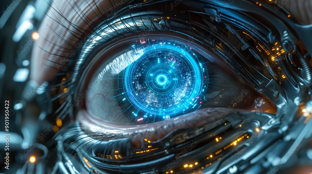 Close-up of a futuristic robotic eye with intricate circuits and glowing blue technology elements Close-up of a futuristic robotic eye with intricate circuits and glowing blue technology elements
