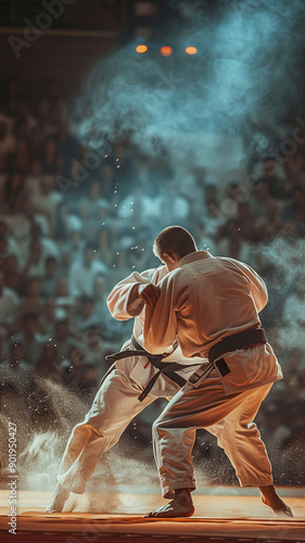 A Dynamic Judo Throw Under the Stadium Lights