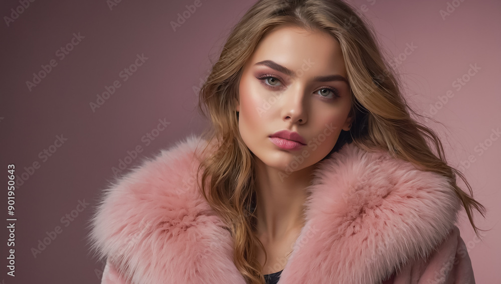 Beautiful glamorous girl portrait in pink fur coat Beautiful glamorous girl portrait in pink fur coat