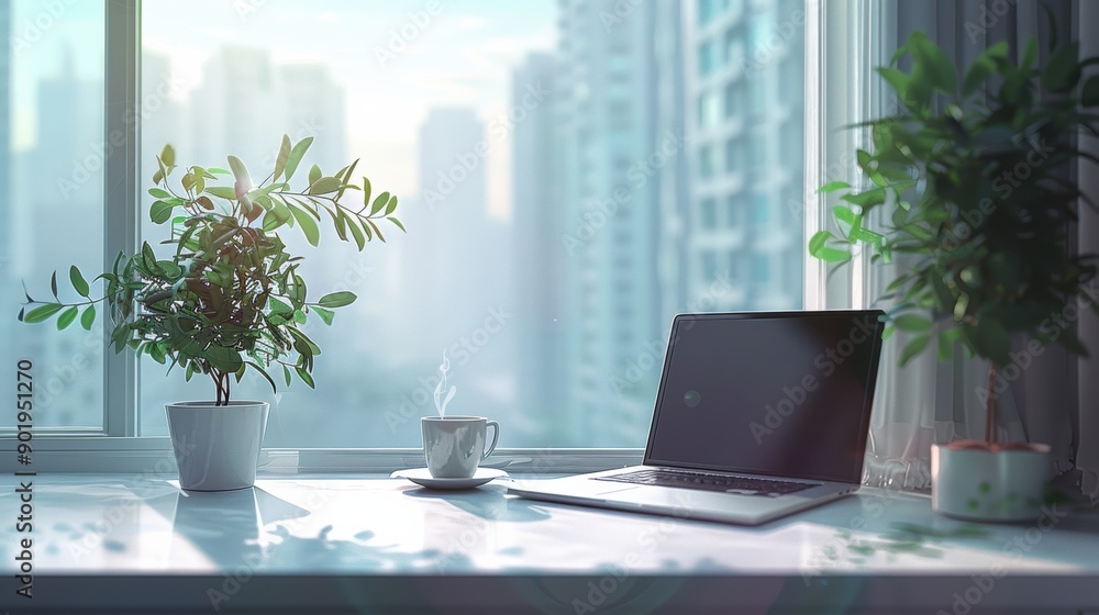 Minimalist workspace with laptop and coffee by window overlooking city Minimalist workspace with laptop and coffee by window overlooking city