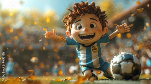 A cartoonish boy is playing soccer and is smiling photo